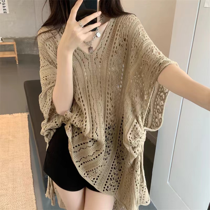 Korean and Japanese summer hollow lace-up top knitted hollow loose lazy blouse sunscreen shirt