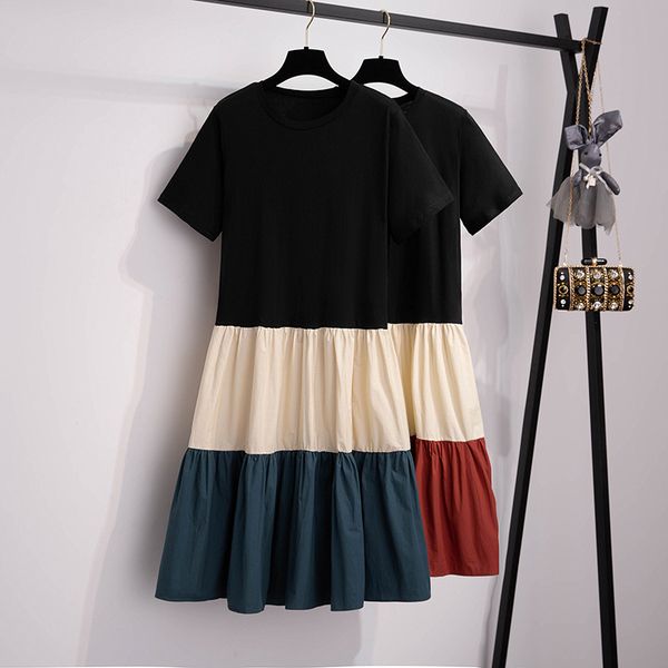 Summer T-shirt dress contrasting colors for female students loose large size fashionable mid-length over-knee skirt