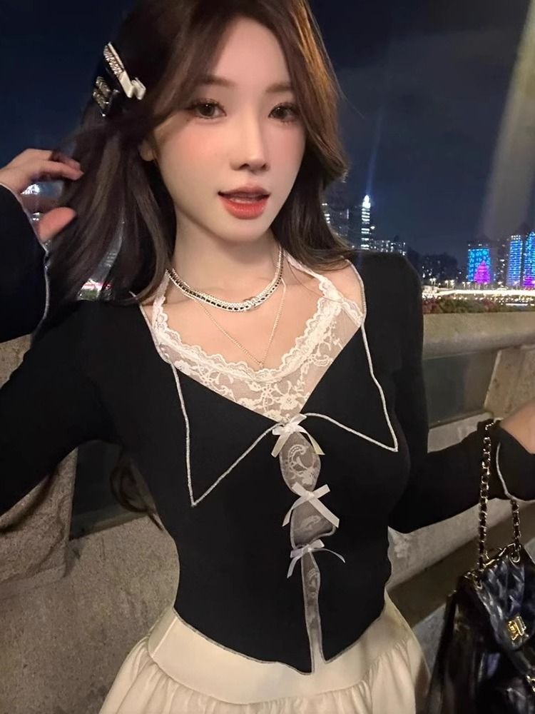 新年紅純欲風假兩件掛脖蕾絲長袖t恤女