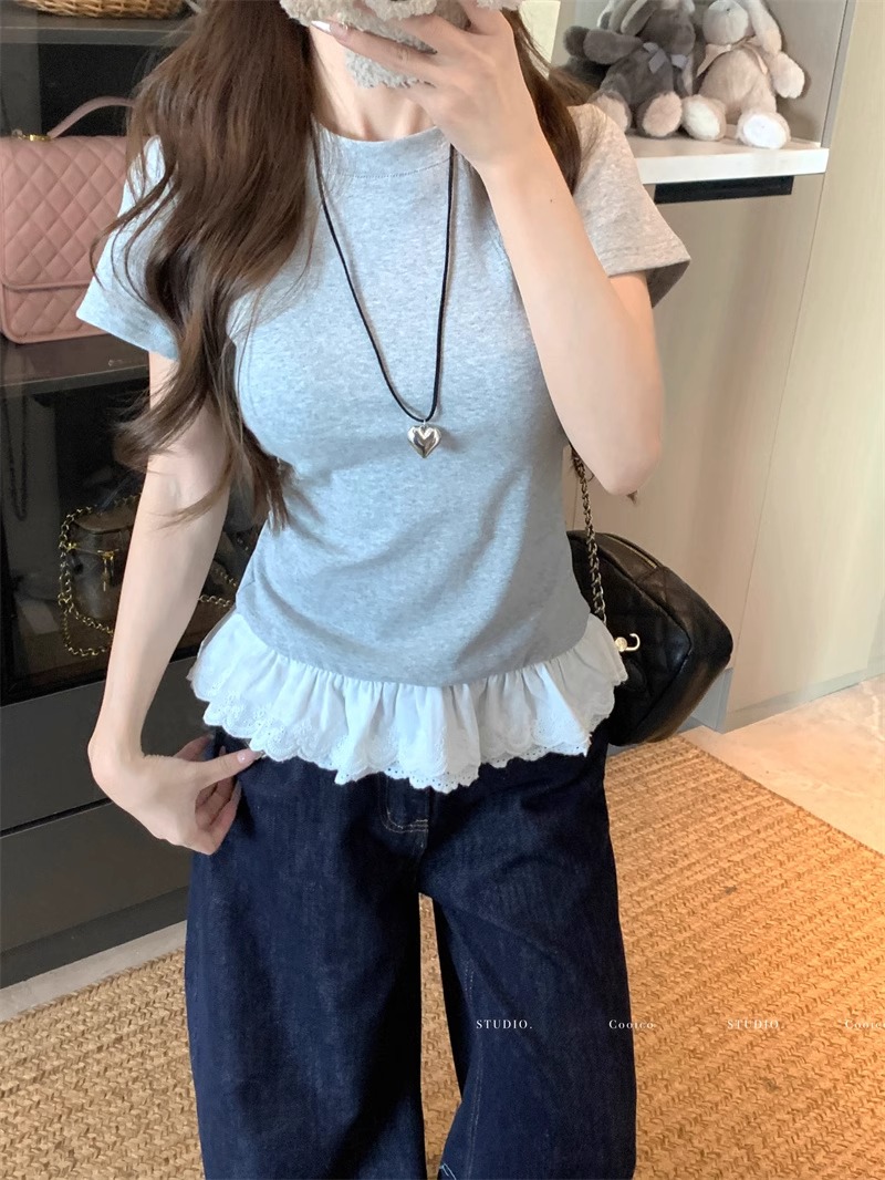 kumikumi設計感復古撞色拼接短袖T恤女夏季小眾chic收腰內搭上衣