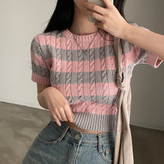 Korean chic retro twist thin knitted contrasting striped short-sleeved slim body suit for women