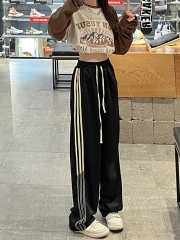 實拍美式條紋運動褲寬鬆衛褲闊腿褲bf拖地褲休閒女潮牌高腰直筒褲