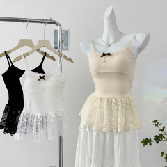 辣妹純欲蕾絲拼接吊帶背心女春季2025新款小眾蝴蝶結鏤空裙擺上衣