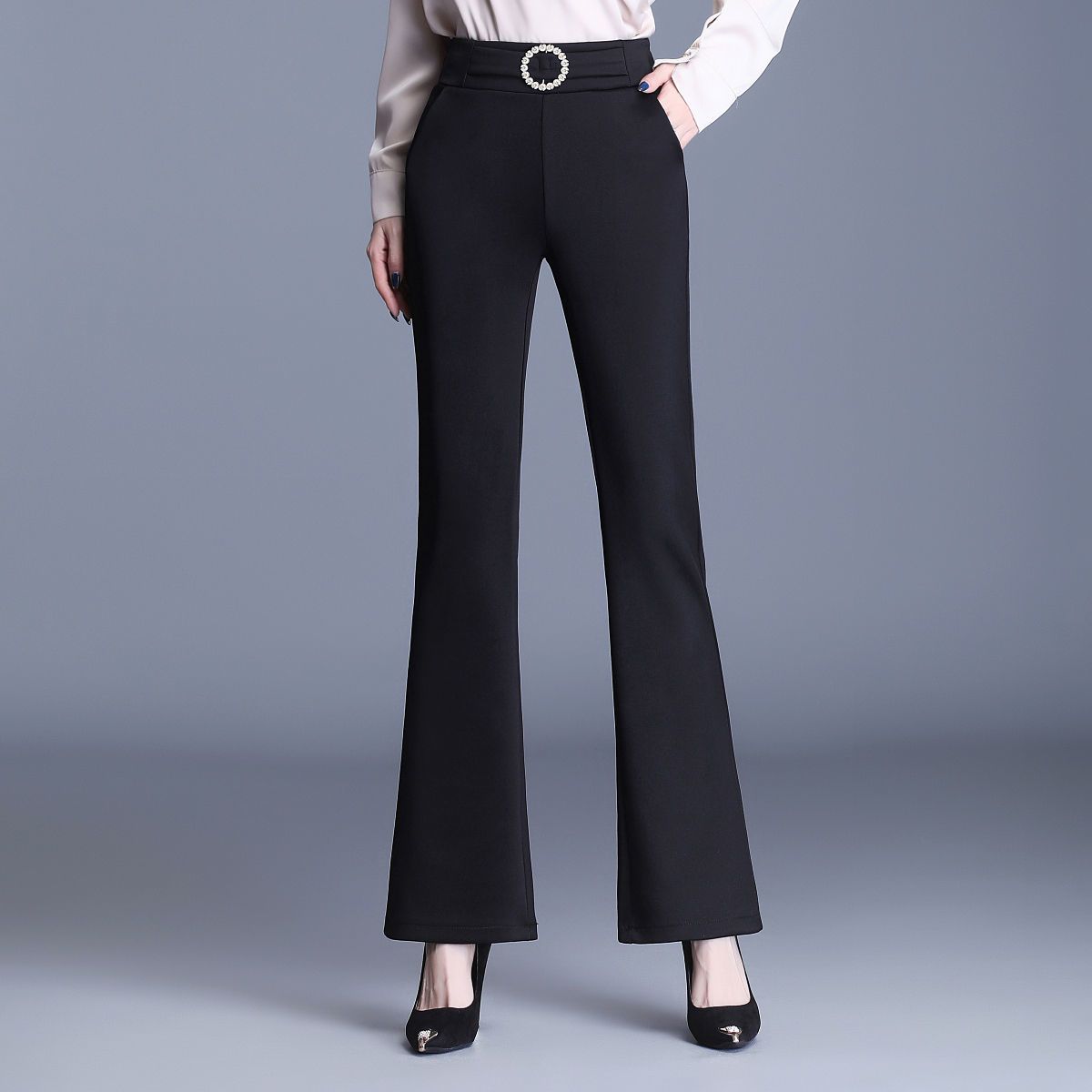 Summer suit bell-bottom 2025 women's high waist slim black versatile draped and elastic waist casual
