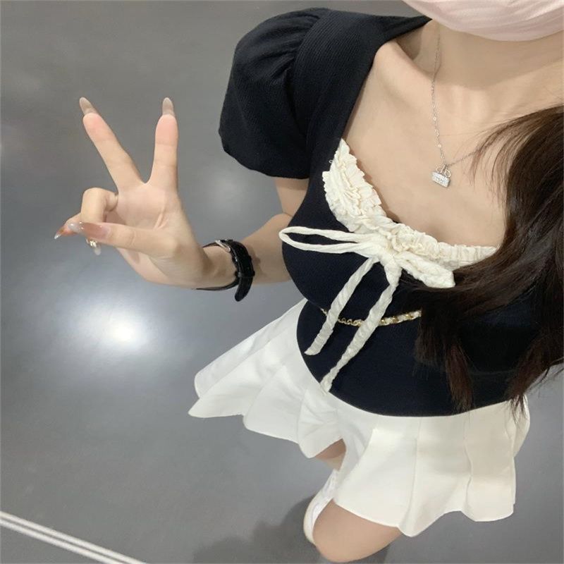 芭蕾風方領短袖t恤女夏季2025年新款設計感小眾修身短款百搭上衣