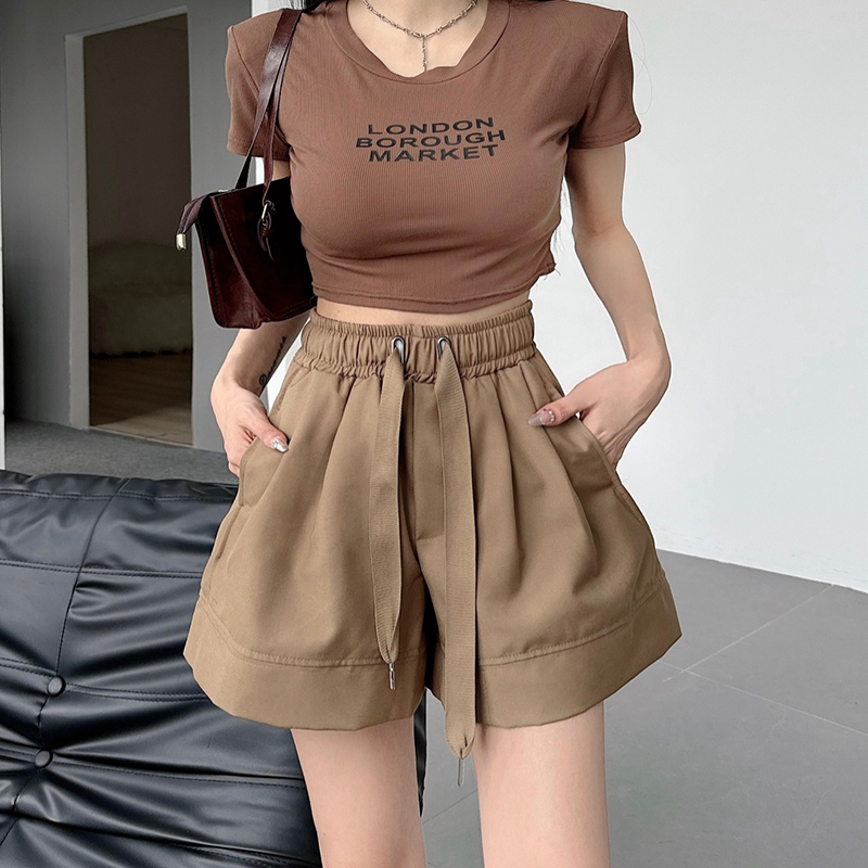 Real shot twill elastic high waist wide-leg pants for women in summer loose and thin casual shorts