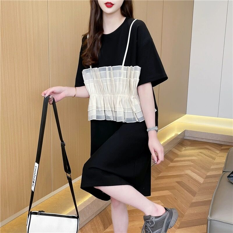 Quality/pure cotton/rear collar/mesh pleat splicing fake two-piece midi dress