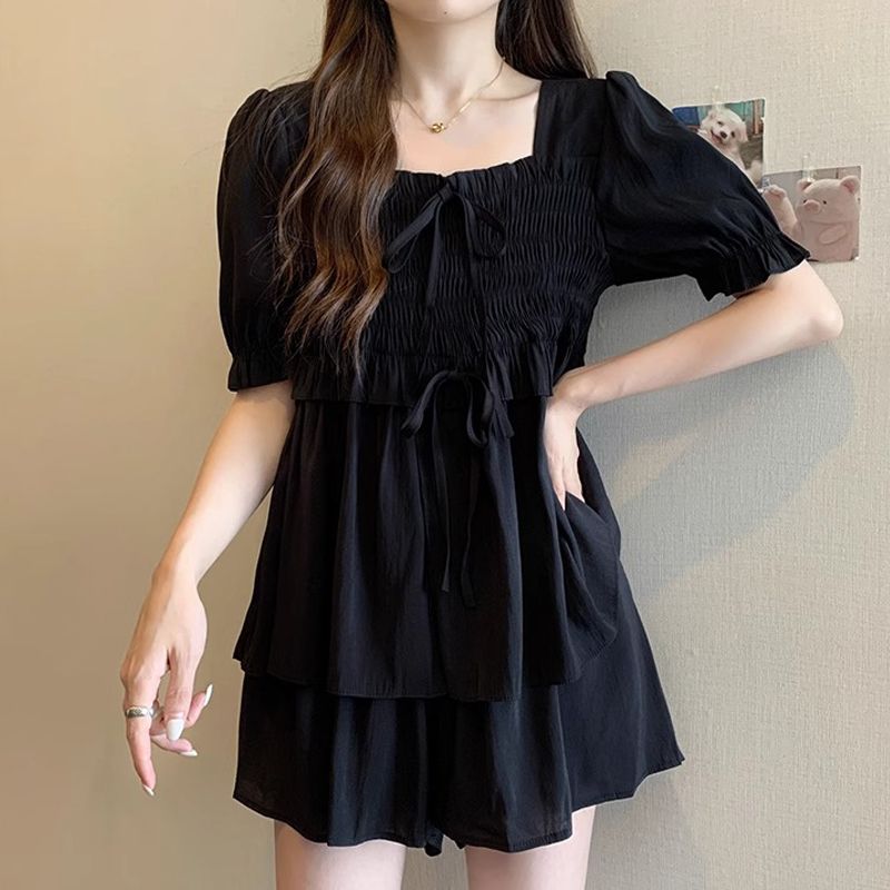 Large size fat mm meat cover set summer outfit full set this year's popular black shirt and shorts two-piece set