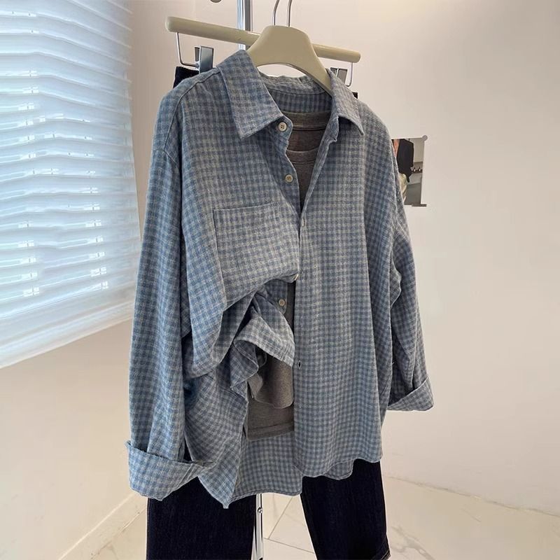藍色復古磨毛格子襯衫內搭疊穿馬甲女秋冬襯衣外套格子衫長袖