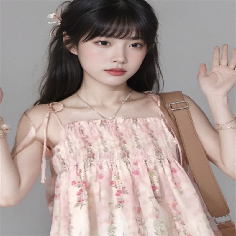 碎花吊帶綁帶印花小個子背心女夏外穿無袖上衣女辣妹