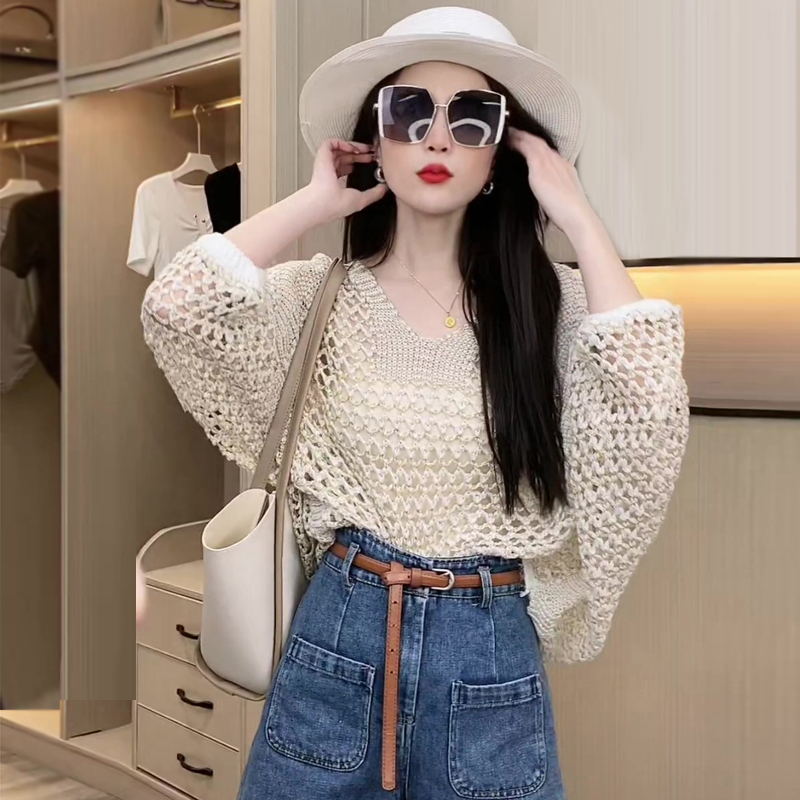 High-end summer bright silk thin large size women's hollow v-neck pullover loose quarter sleeve bat sweater top