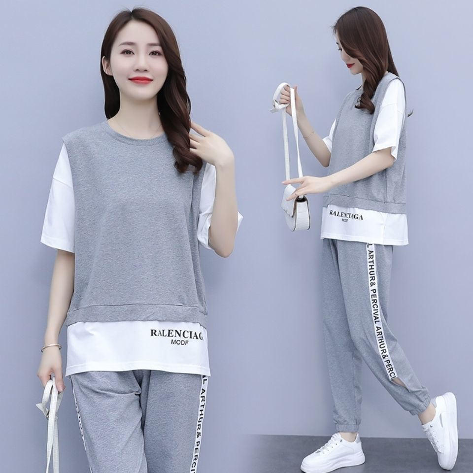 200 catties casual sports suit for women in summer new large size fat mm loose student running two-piece set trend