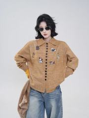 大碼女裝刺繡翻領長袖針織毛衣外套女新款韓系復古寬鬆開衫上衣