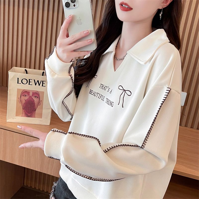 Real photo of imitation cotton Chinese cotton composite spring and autumn sweatshirt for women POLO collar new design small loose top