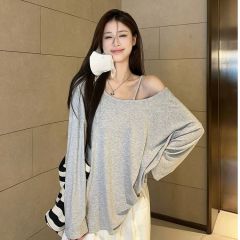 莫代爾人棉慵懶性感露肩長袖T恤女早秋設計感寬鬆中長款上衣