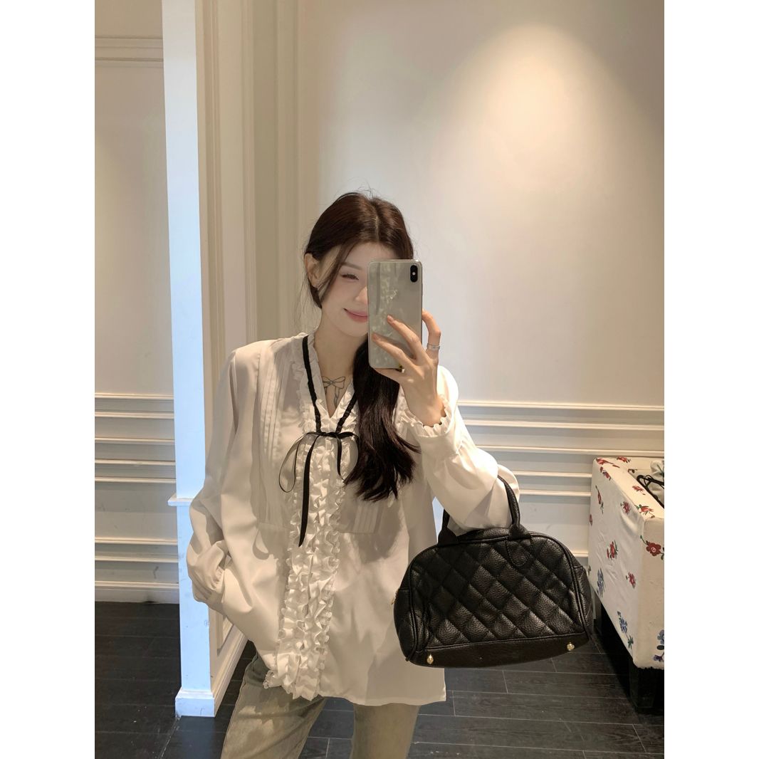 法式復古千金風v領系帶蝴蝶結襯衫女裝長袖內搭外穿白色甜美上衣
