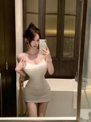 Real shot, neck, backless chest pad design, hot girl slim suspender dress