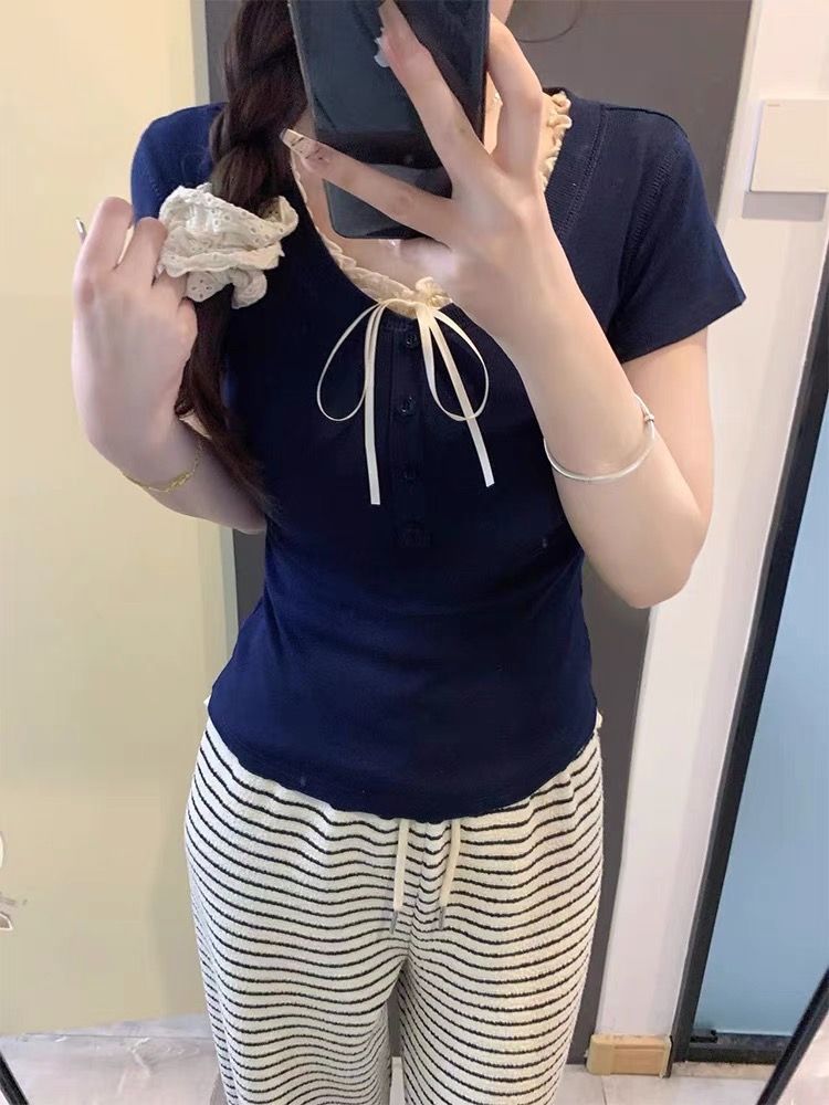 40支純棉木耳邊正肩t恤女短袖內搭顯身材上衣