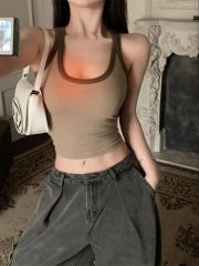 莫代爾辣妹咖色U領工字吊帶背心女夏季內搭美式短款運動上衣