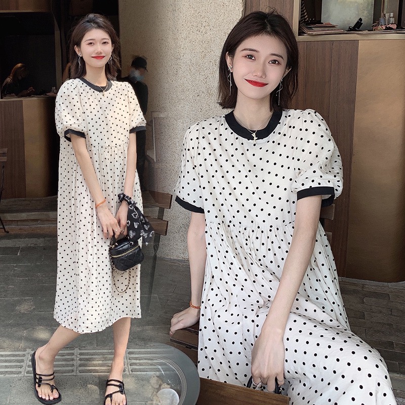 韓國chic夏季大碼復古可愛百搭優雅黑白圓點系帶寬鬆連衣裙長裙女