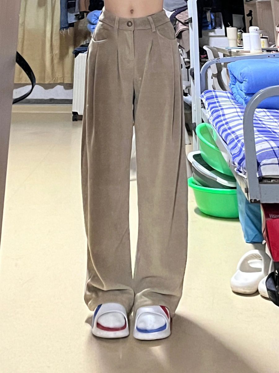 Original fabric khaki wide-leg straight-leg pants for women 2025 early spring new high-waist casual trousers