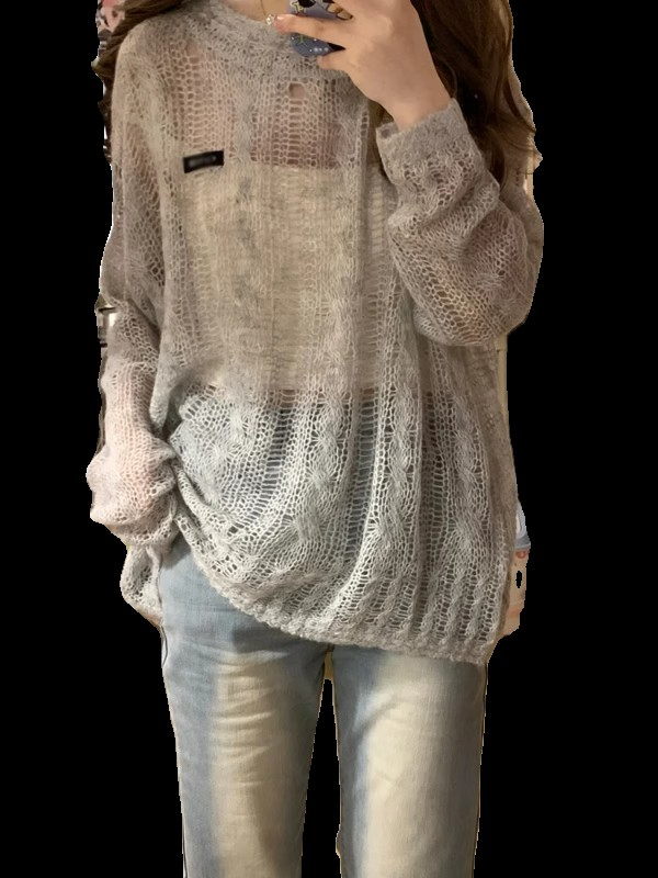 2025 summer thin lazy style sun protection hollow blouse for women loose tulle ripped American knitted top