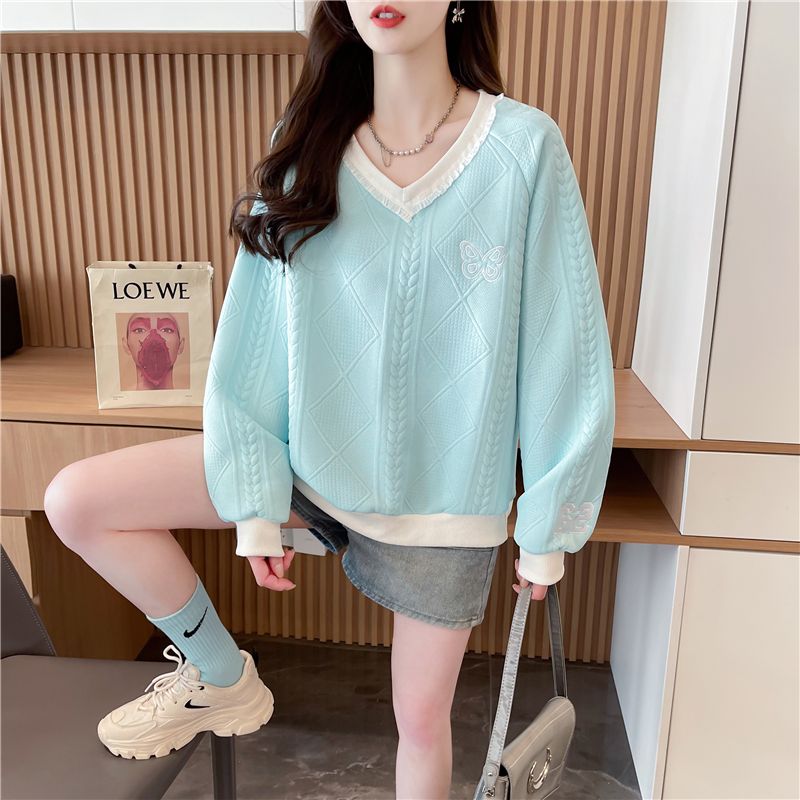 Real shot Korean loose spring and autumn style embroidered lace lace splicing jacquard sweatshirt for women