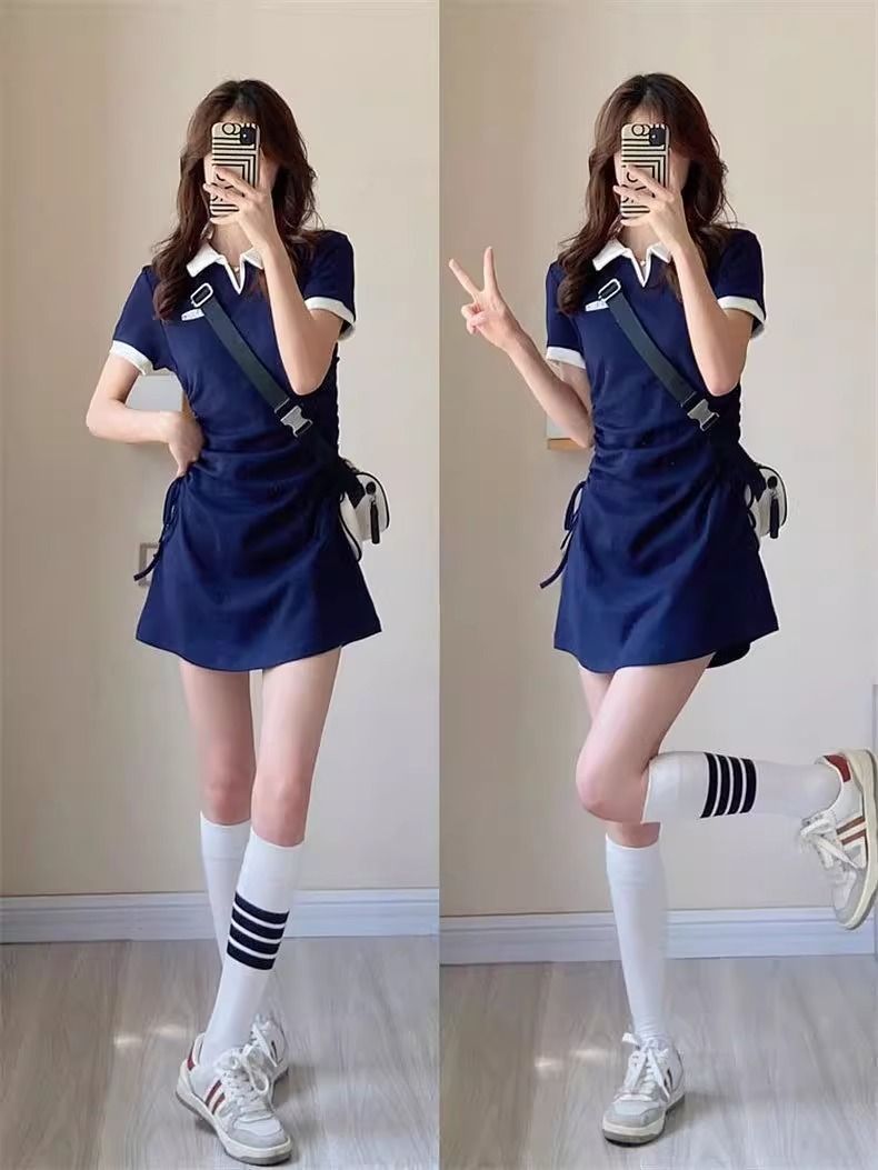 美式復古學院風撞色polo領短裙甜辣鹽系小個子連衣裙收腰顯瘦夏季