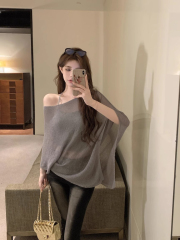 Retro thin sexy slanted shoulder sleeveless sweater for women in summer new sun protection clothes irregular cloak shirt top