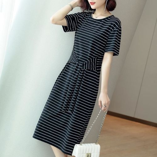 Women's Summer 2025 New Loose Plus Size Fat MM Youthful Tummy Covering Elegant Medium-Length Striped T-shirt Dress