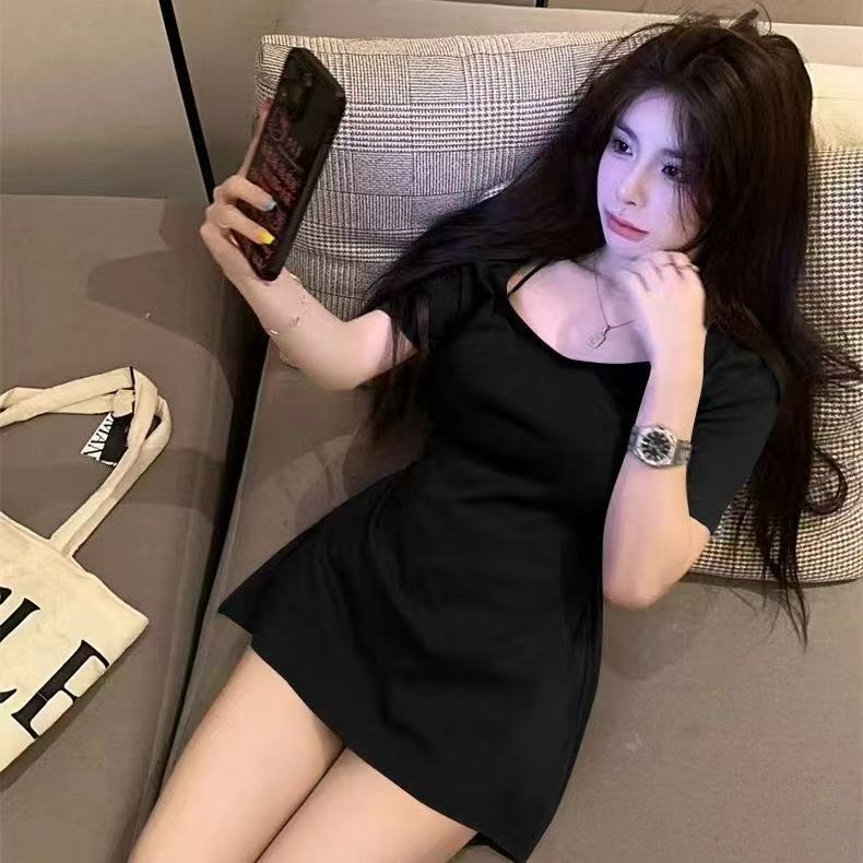 Good-looking new sexy waist-hugging sweet hot girl top solid color T-shirt high-end pure u-neck short-sleeved T-shirt for women in summer