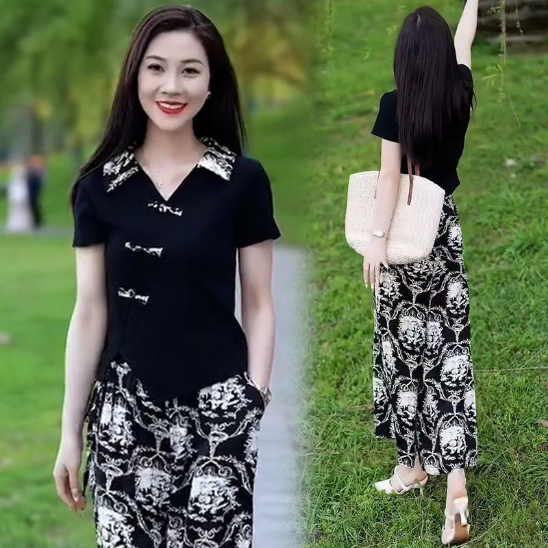 2025 short-sleeved wide-leg pants casual sports suit for women two-piece set new summer temperament fashionable and fashionable age-reducing