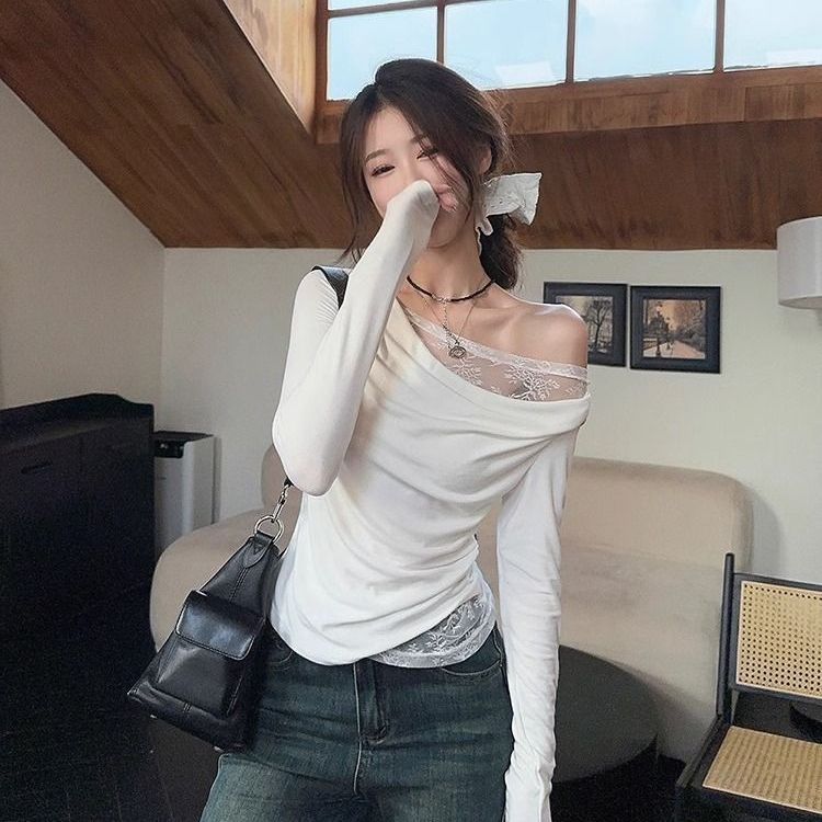 莫代爾人棉260原版做法蕾絲斜肩長袖T恤女裝早秋辣妹性感上衣