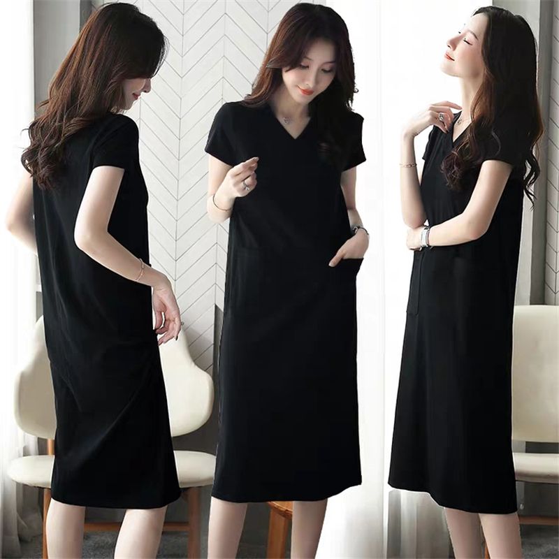 Women's summer large size loose slim and fat MM Korean T-shirt skirt long summer short-sleeved V-neck base shirt skirt