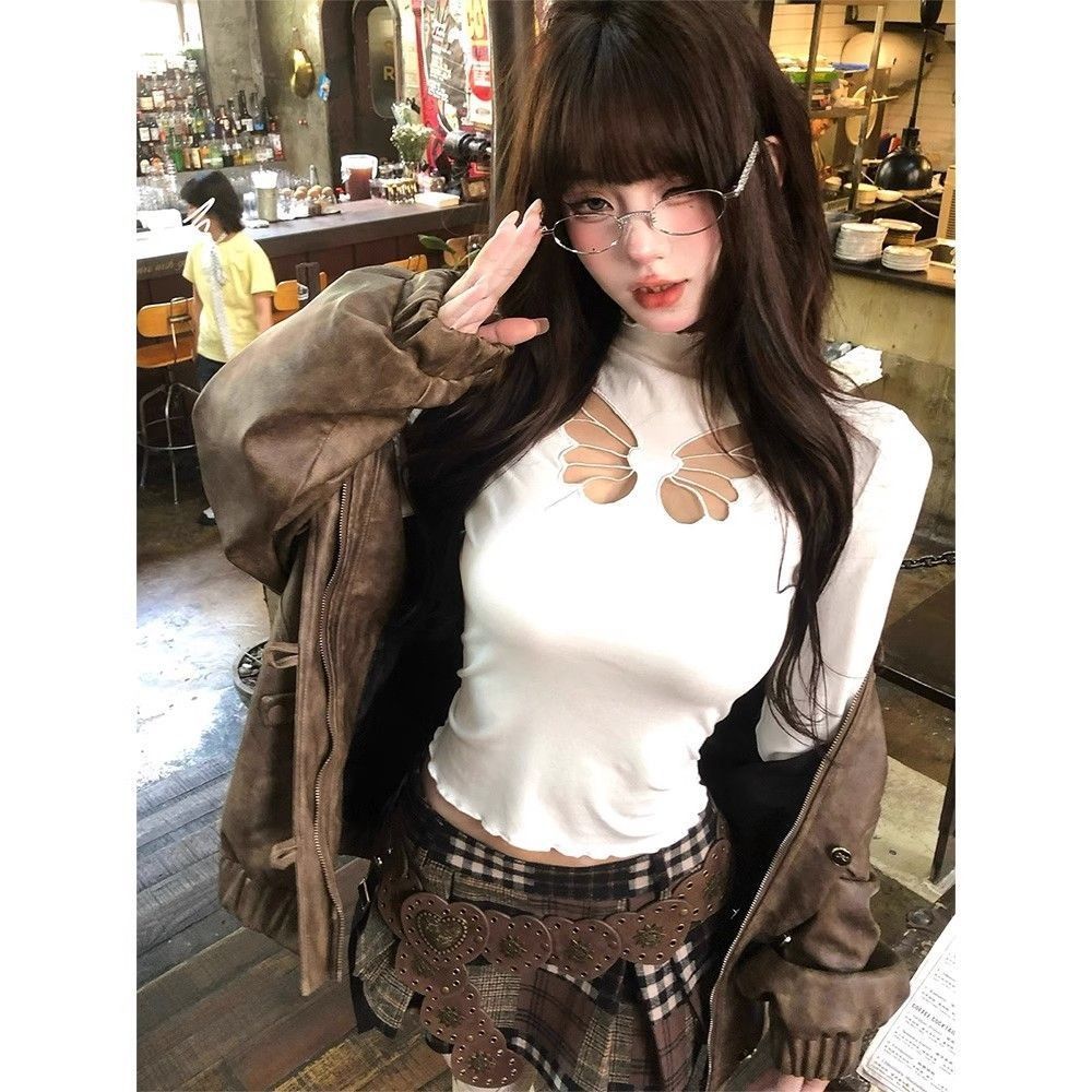 德絨設計感半高領蝴蝶鏤空T恤女秋冬純欲顯瘦長袖打底短款上衣