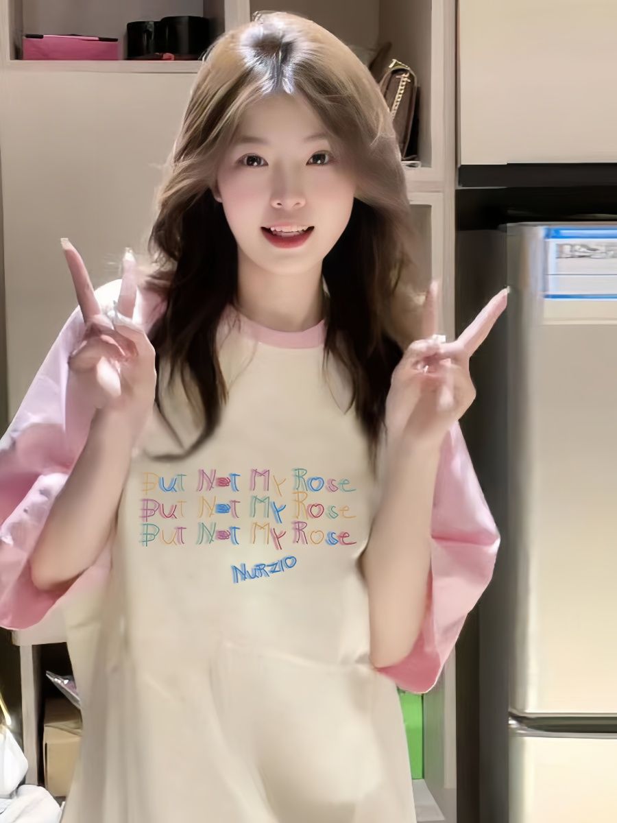 高質量純棉210克精梳緊密印花插色牛角袖寬鬆拼色短袖恤女