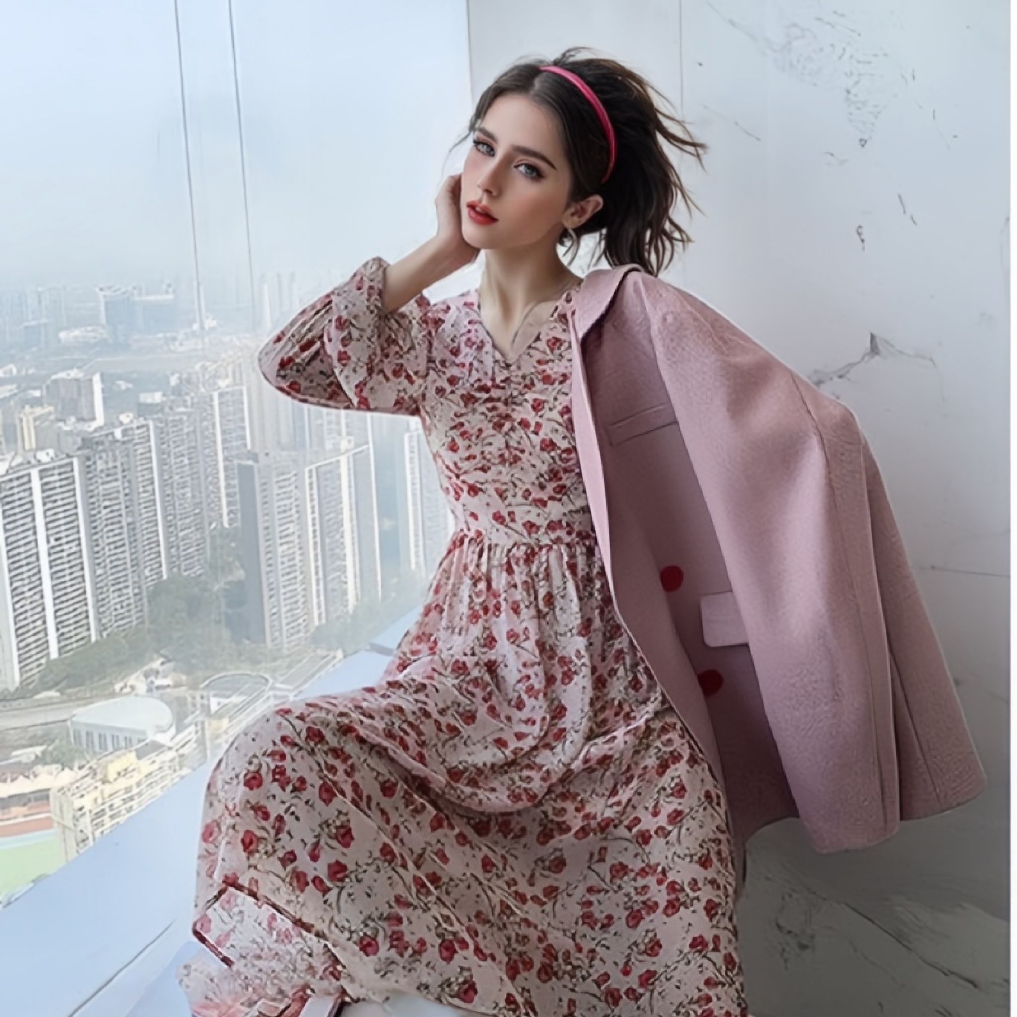 Warm and Korean soft dress new French floral long-sleeved tea break skirt