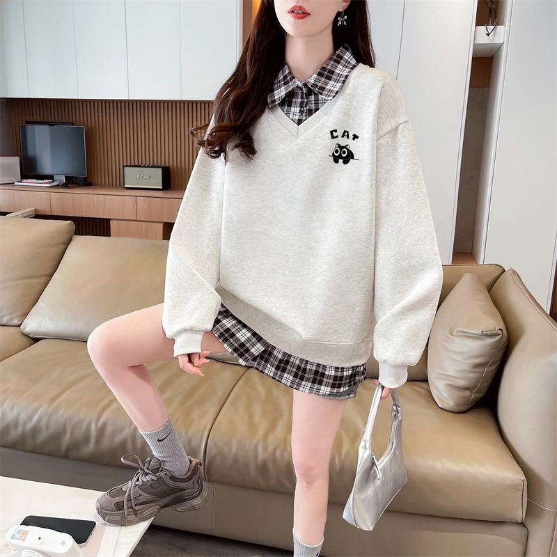 Real shot of 2025 spring and autumn back collar twill, thin top POLO collar plaid sweatshirt for women