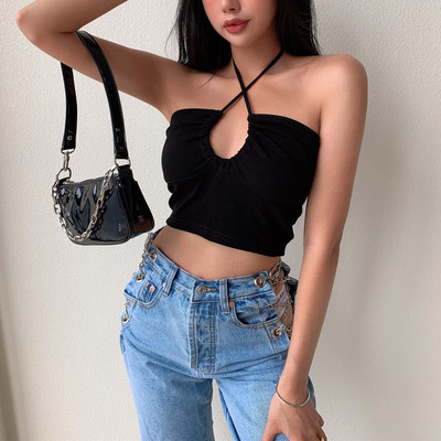 LIVIA歐美ins小心機低胸抽繩多穿法吊帶背心女修身露臍短款上衣