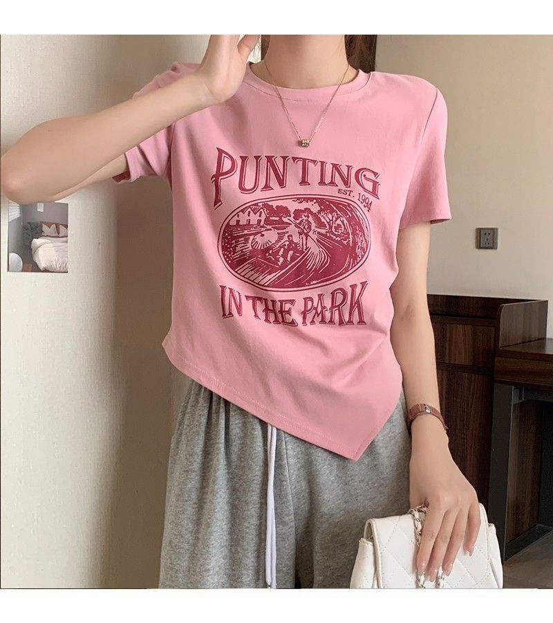 Pure cotton irregular printed slim short short-sleeved T-shirt for women
