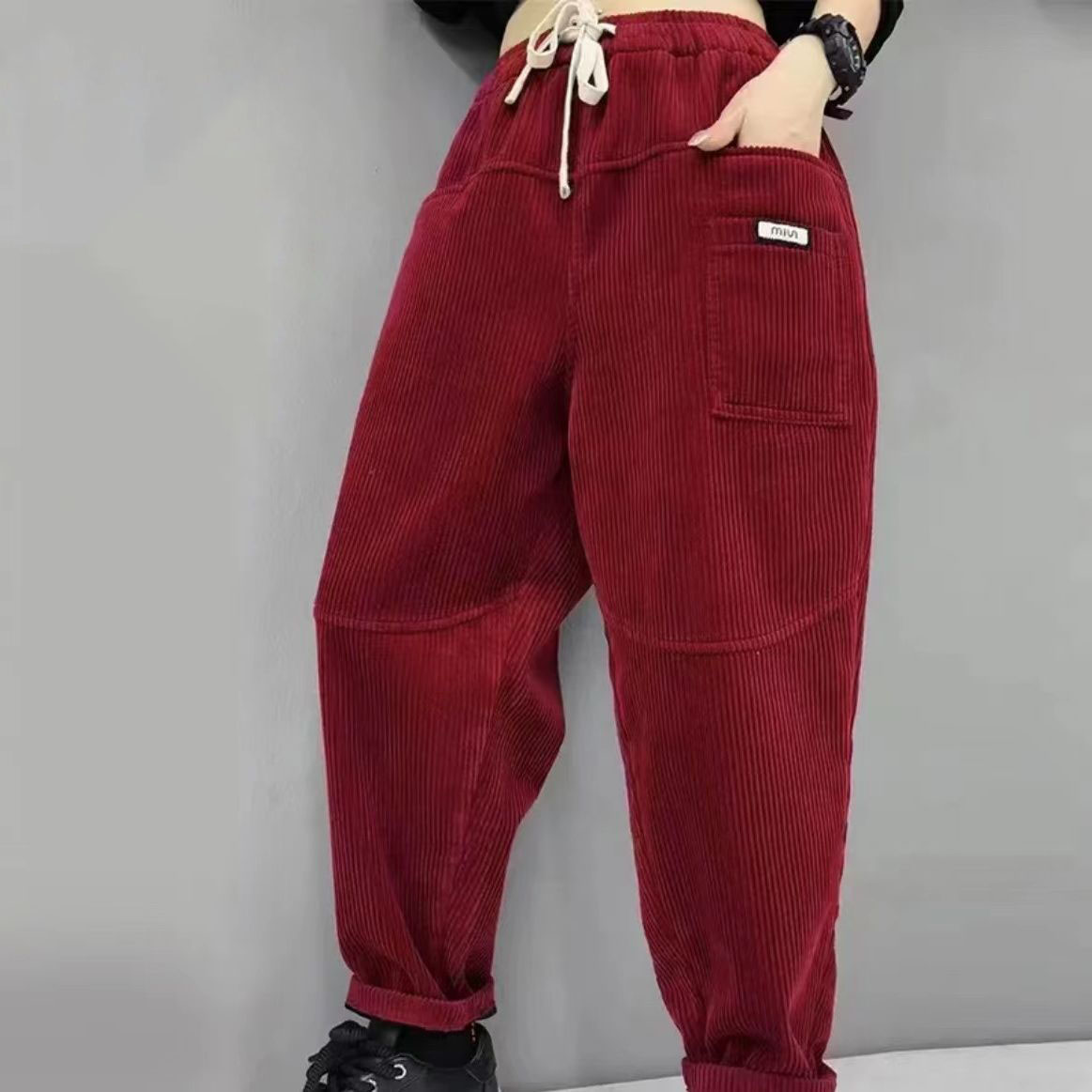 2025 Spring New Corduroy Spring and Autumn Thin Harlon Pants with Label Fashion Long Pants Elastic Waist Loose Matchy Matchy Trendy