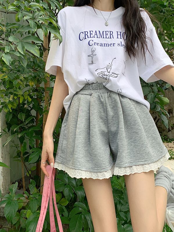 蕾絲花邊灰色休閒褲女夏季鬆緊腰寬鬆闊腿褲小眾外穿短褲