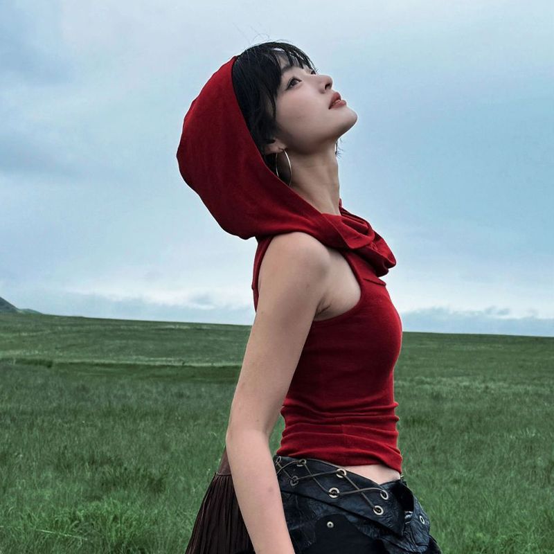 美式辣妹風無袖連帽純欲小背心女夏季設計感別致修身顯瘦百搭上衣