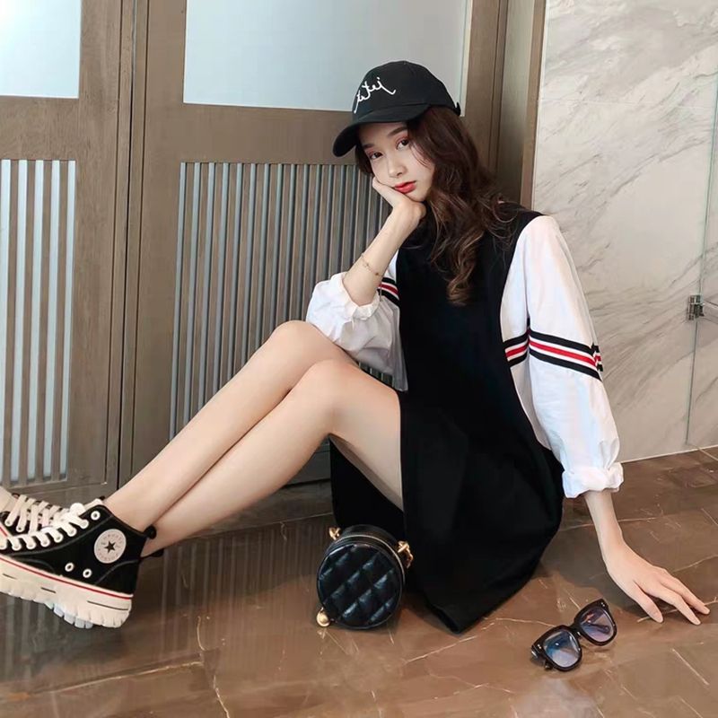 Women's 2026 Spring and Autumn New Korean style loose fake two-piece bat sleeve mid-length skirt casual sweatshirt skirt