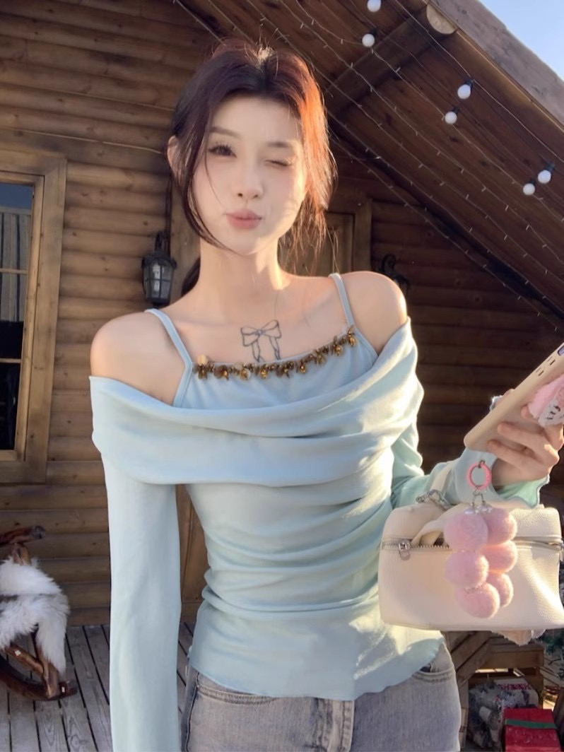拼接假兩件亮片吊帶長袖T恤女秋冬褶皺修身純欲藍色顯瘦打底上衣