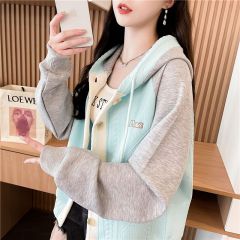 Real shot Korean loose spring and autumn style embroidered cotton insert color spliced ​​jacquard hooded cardigan sweatshirt for women
