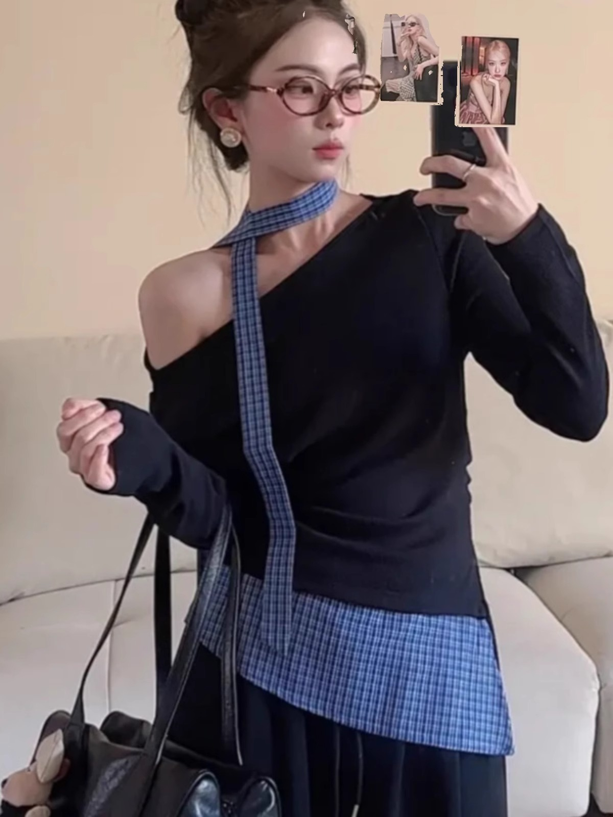 假兩件格子長袖女秋冬純欲辣妹一字肩飄帶掛脖上衣