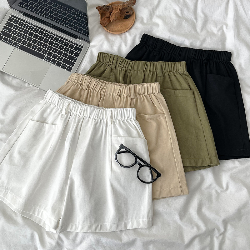 Hong Kong style versatile elastic waist casual shorts for women 2025 summer new women's high waist solid color loose wide-leg pants