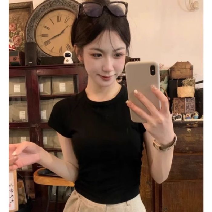 甜辣妹後背鏤空短袖T恤女年夏季韓版圓領修身純色上衣潮