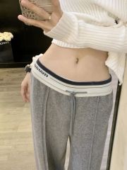 2025春秋冬款闊腿抽繩垂感休閒衛褲寬鬆拖地拼接高腰直筒長褲顯瘦